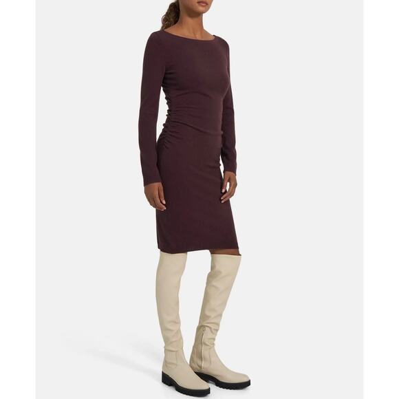 NWT Theory Boatneck Merlot 100% Cashmere Sweater Dress Sz Large Long Sleeve Midi - Picture 6 of 14